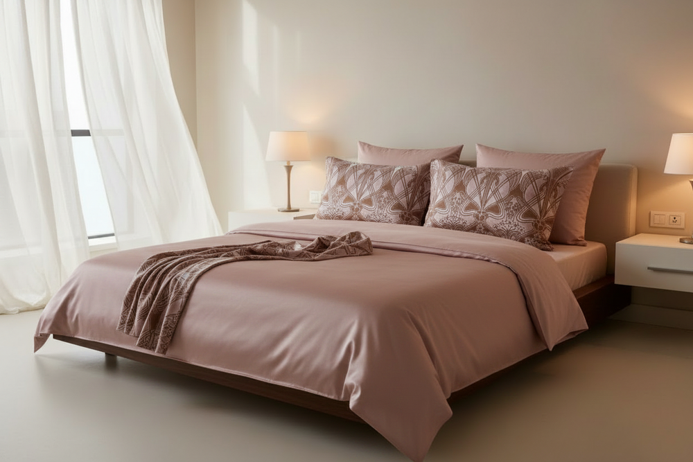 Modern bedroom with solid dusty pink satin duvet and floral charmeuse pillowcases and accents