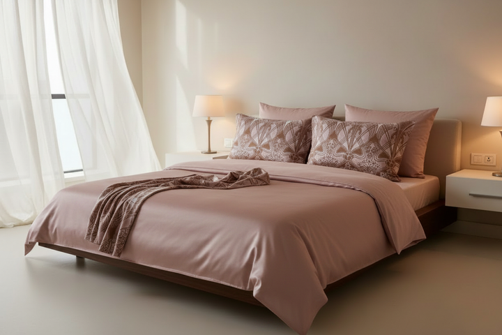 Modern bedroom with solid dusty pink satin duvet and floral charmeuse pillowcases and accents