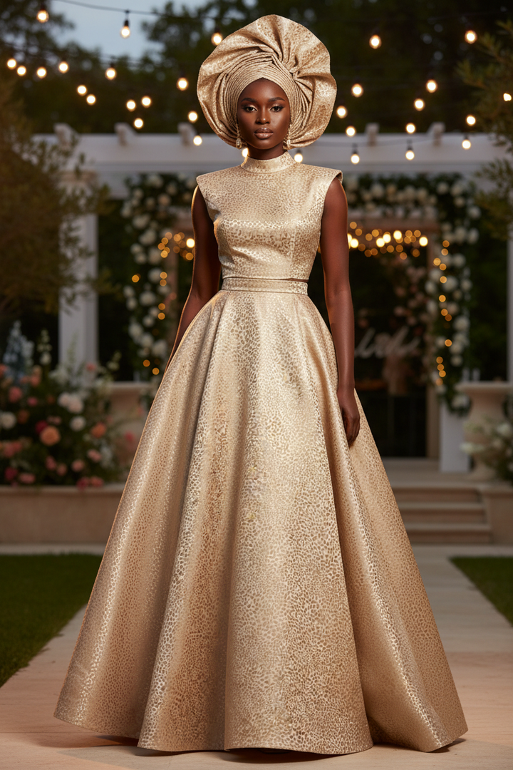 Full coordinated look with Gele head tie, matching top and flowing skirt in champagne small animal jacquard satin