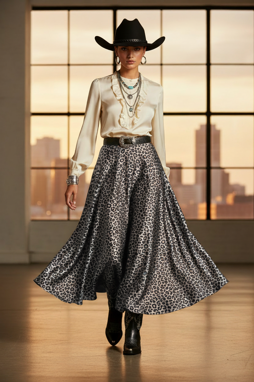 Western cowgirl wearing smokey white and black cheetah print satin charmeuse skirt