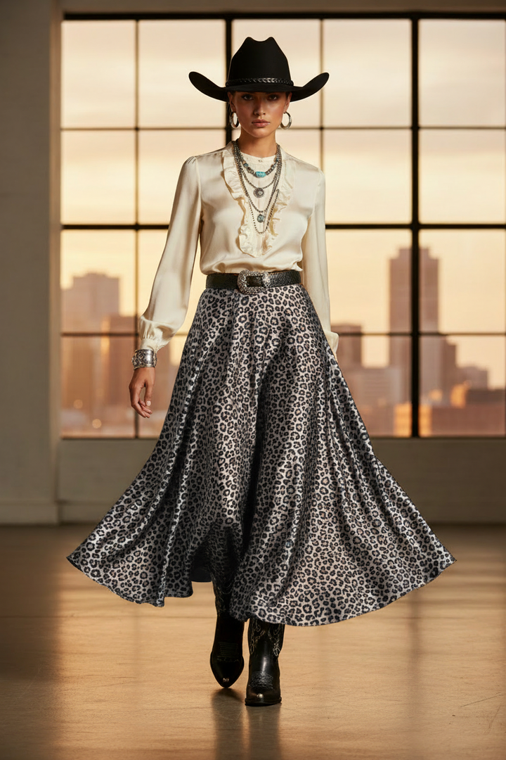 Western cowgirl wearing smokey white and black cheetah print satin charmeuse skirt