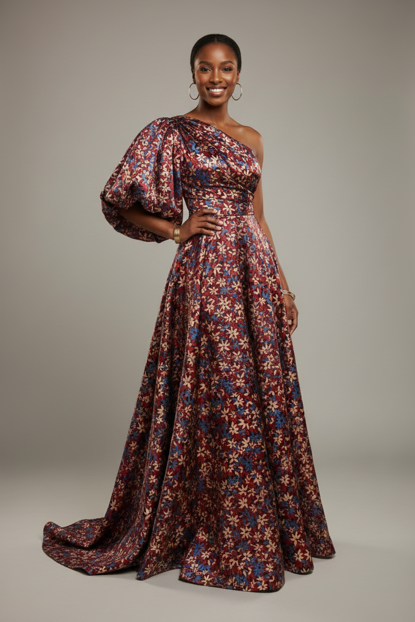 Young African woman wearing an African-inspired evening gown made from burgundy and blue nature floral charmeuse satin fabric