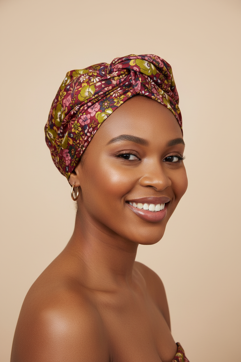 Young African woman wearing a doek head wrap made from burgundy and green floral charmeuse satin fabric