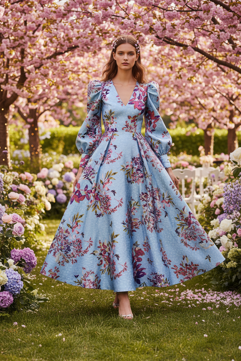 Spring party dress in light blue and pink floral jacquard satin styled at an elegant outdoor garden party