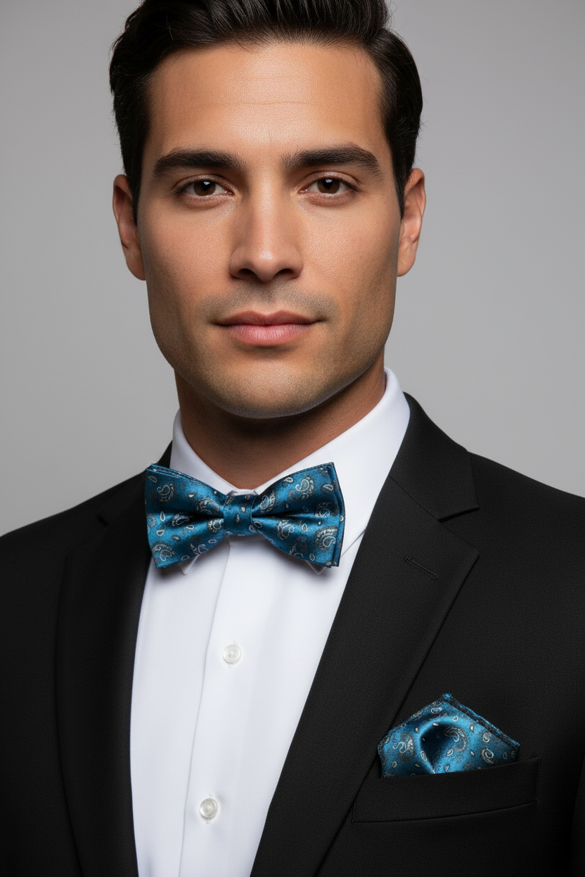 Teal blue paisley bow tie and pocket square on Latin American model in black suit