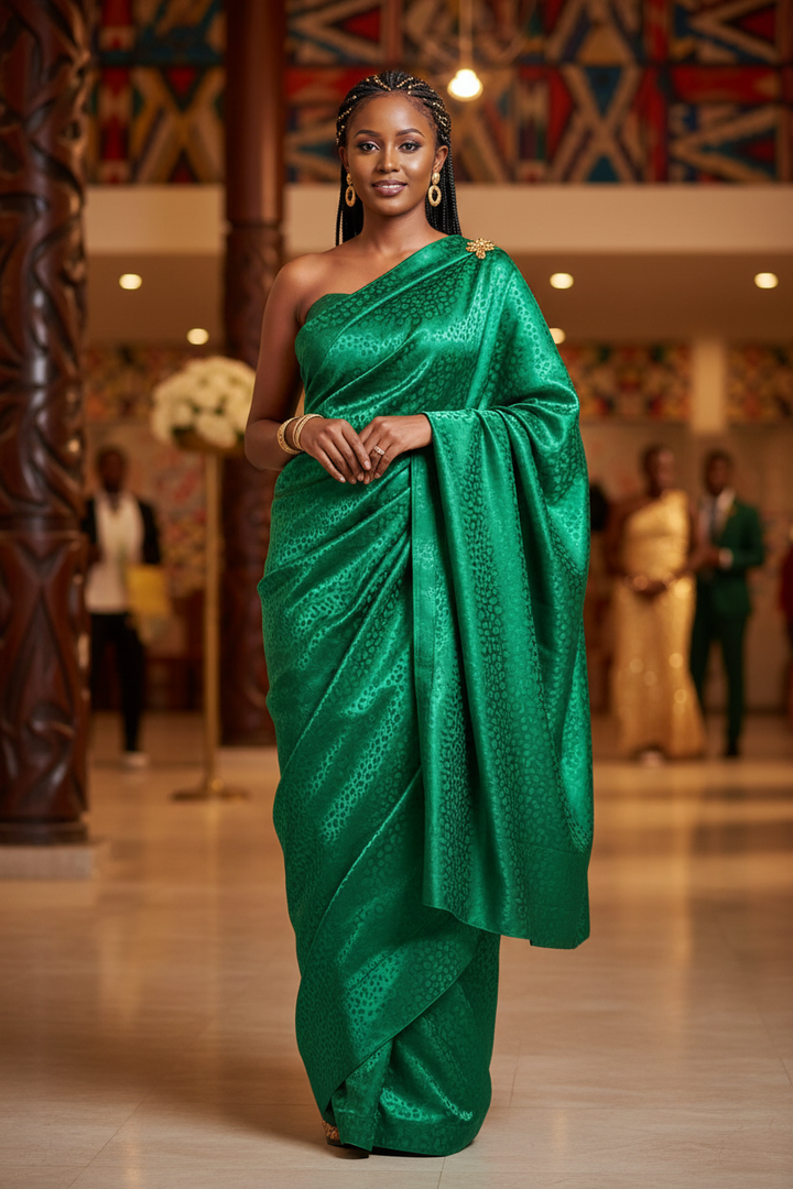 Elegant Mushanana traditional Rwandan dress in emerald green small cheetah jacquard satin