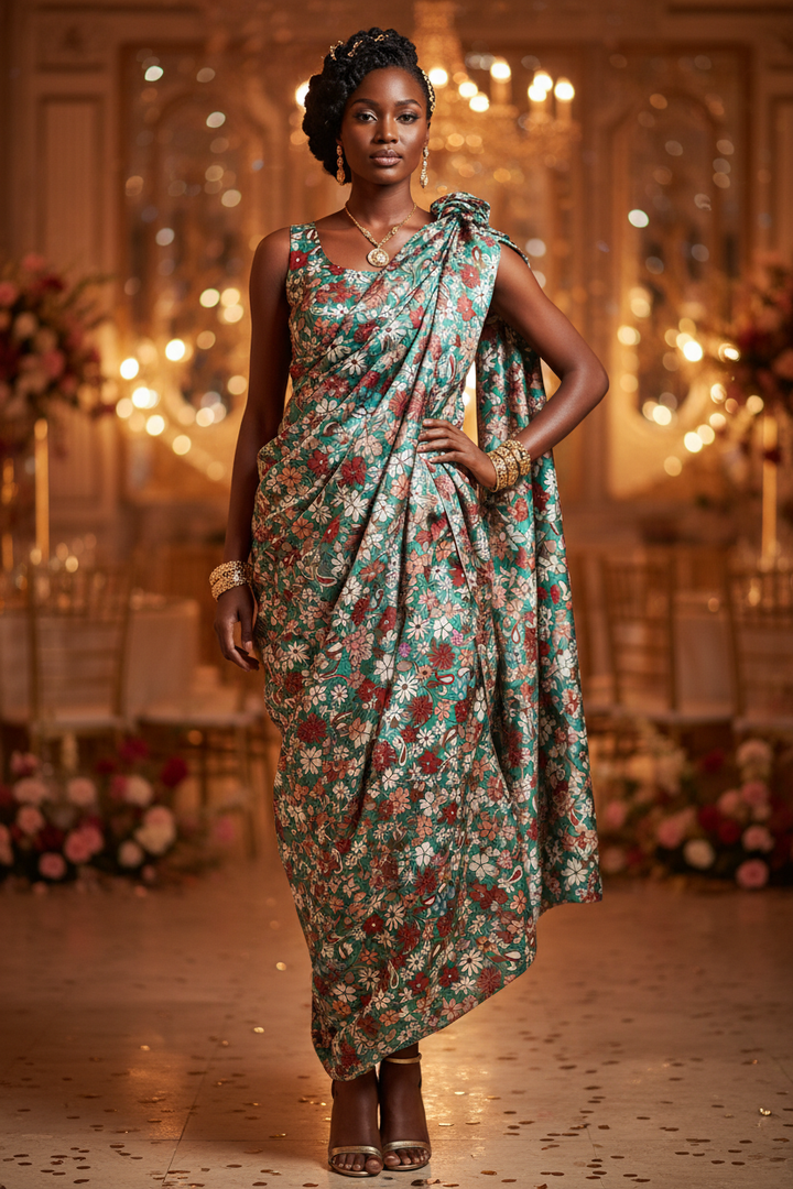 African model wearing a Rwandan Mushanana dress in paisley floral charmeuse satin at a party setting