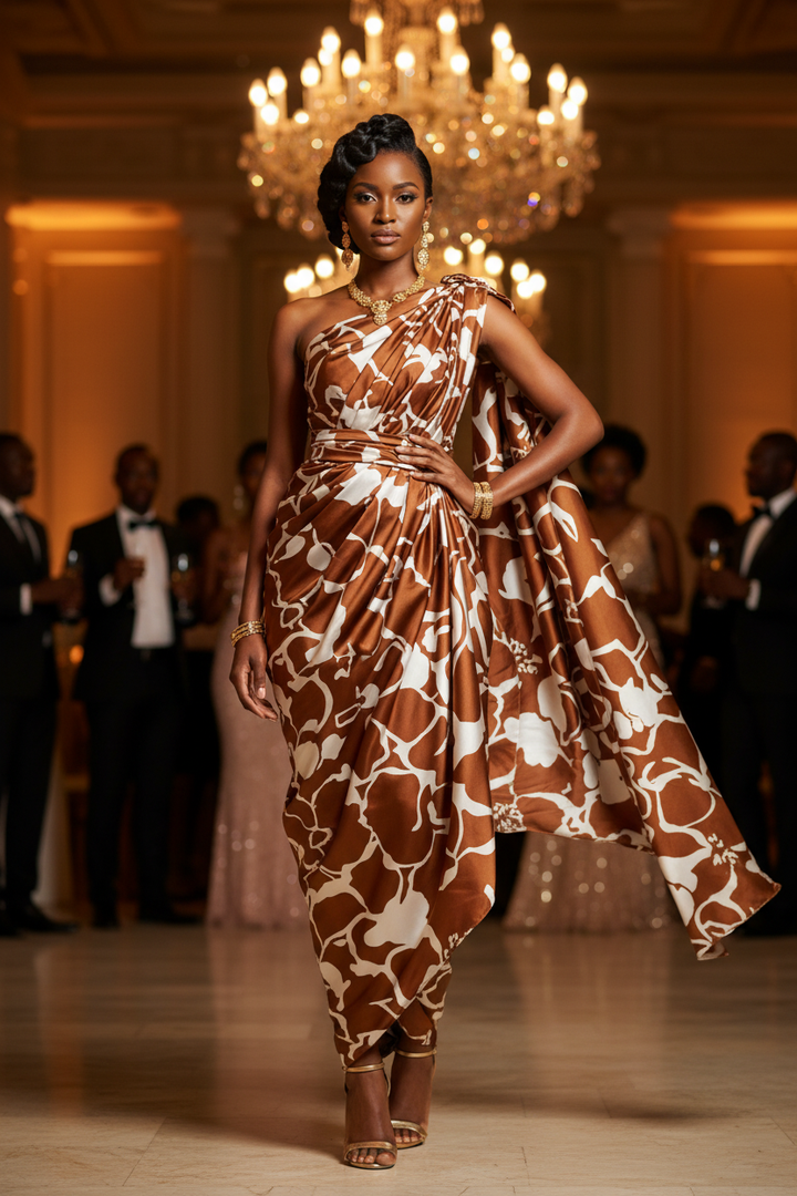 African model wearing a Rwandan Mushanana dress in floral two-toned print faux silk charmeuse satin at an elegant indoor party setting