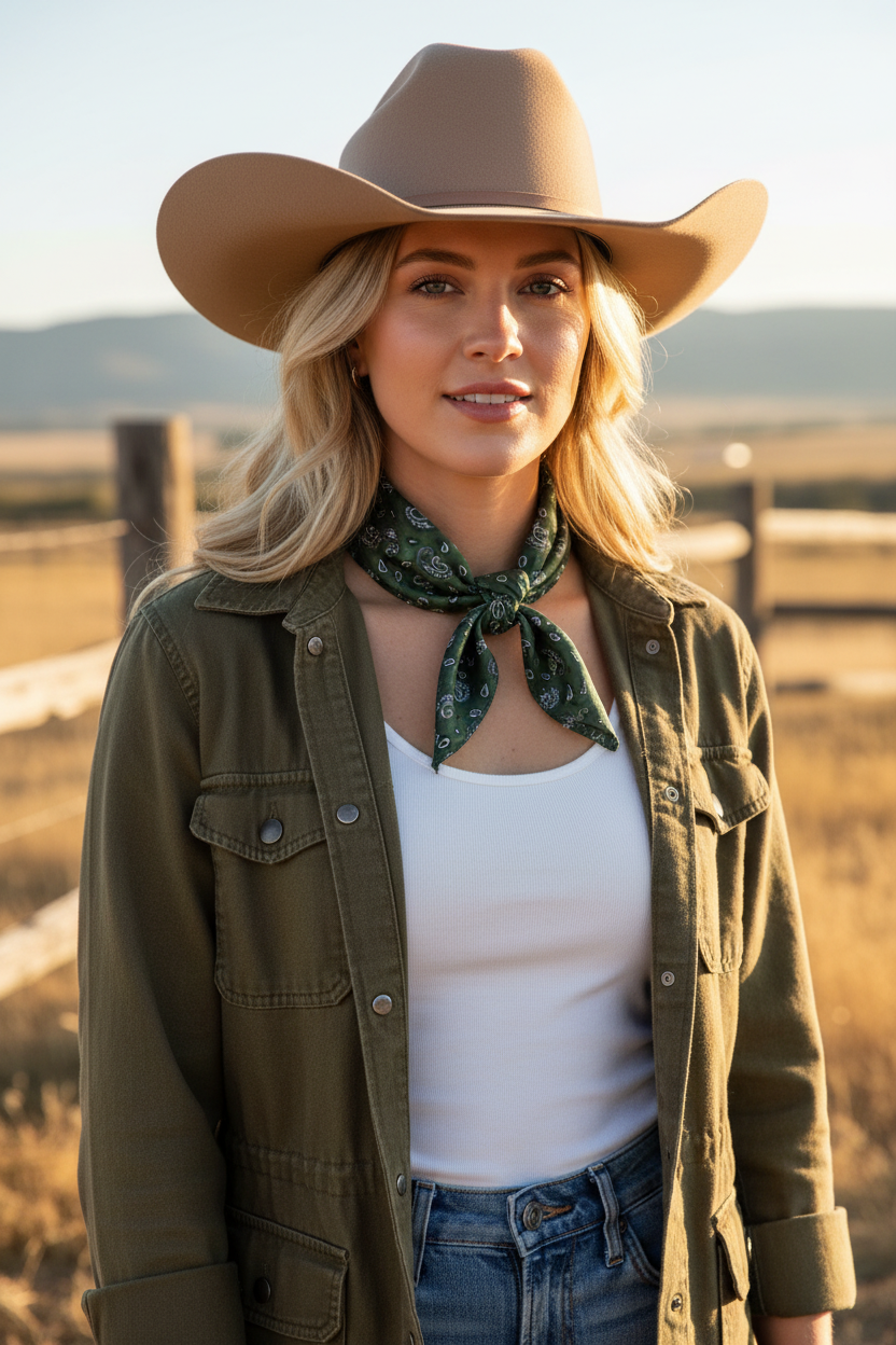 Blonde model in cowboy hat, white top and green jacket wearing a small-scale green dainty paisley satin wildrag neckerchief tied at center front of neck, western outdoor setting