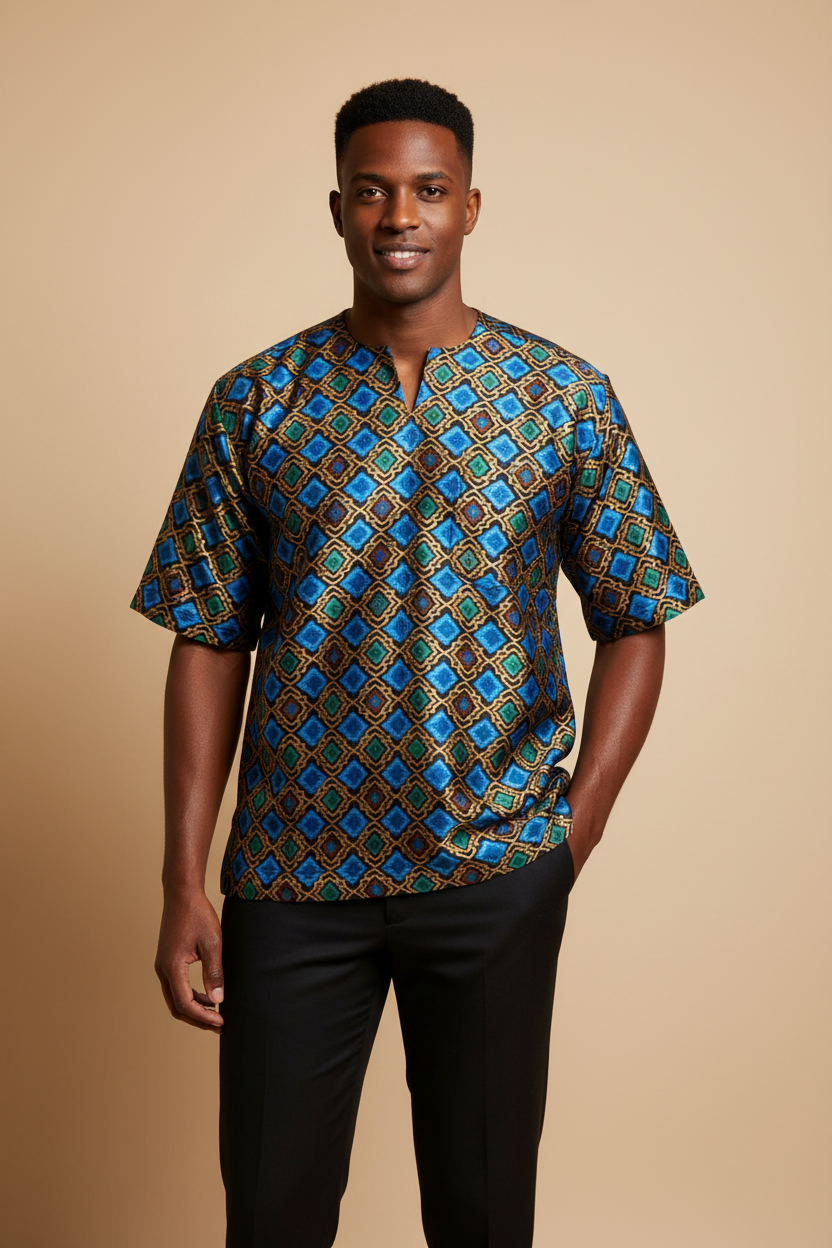 Male model wearing an African-inspired Dashiki shirt in geometric squares charmeuse satin with black pants