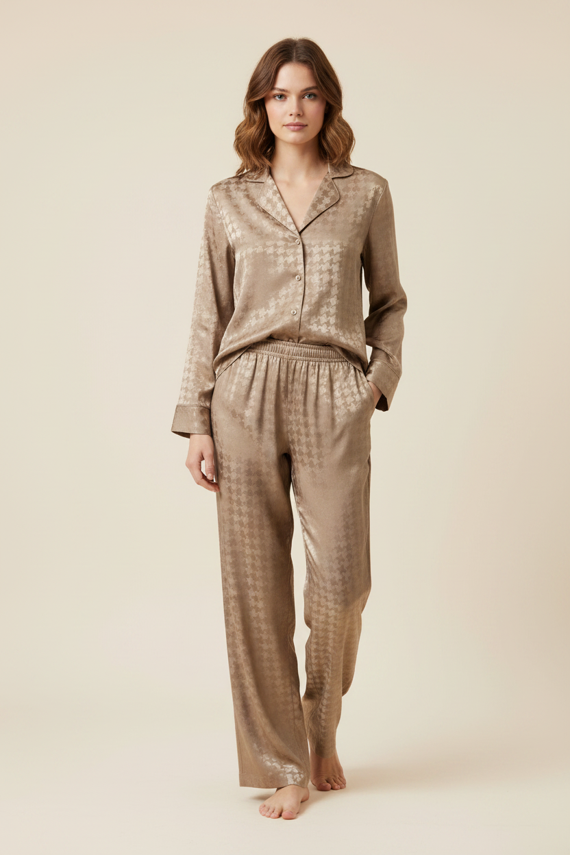 Model wearing taupe houndstooth silky jacquard satin pajama set