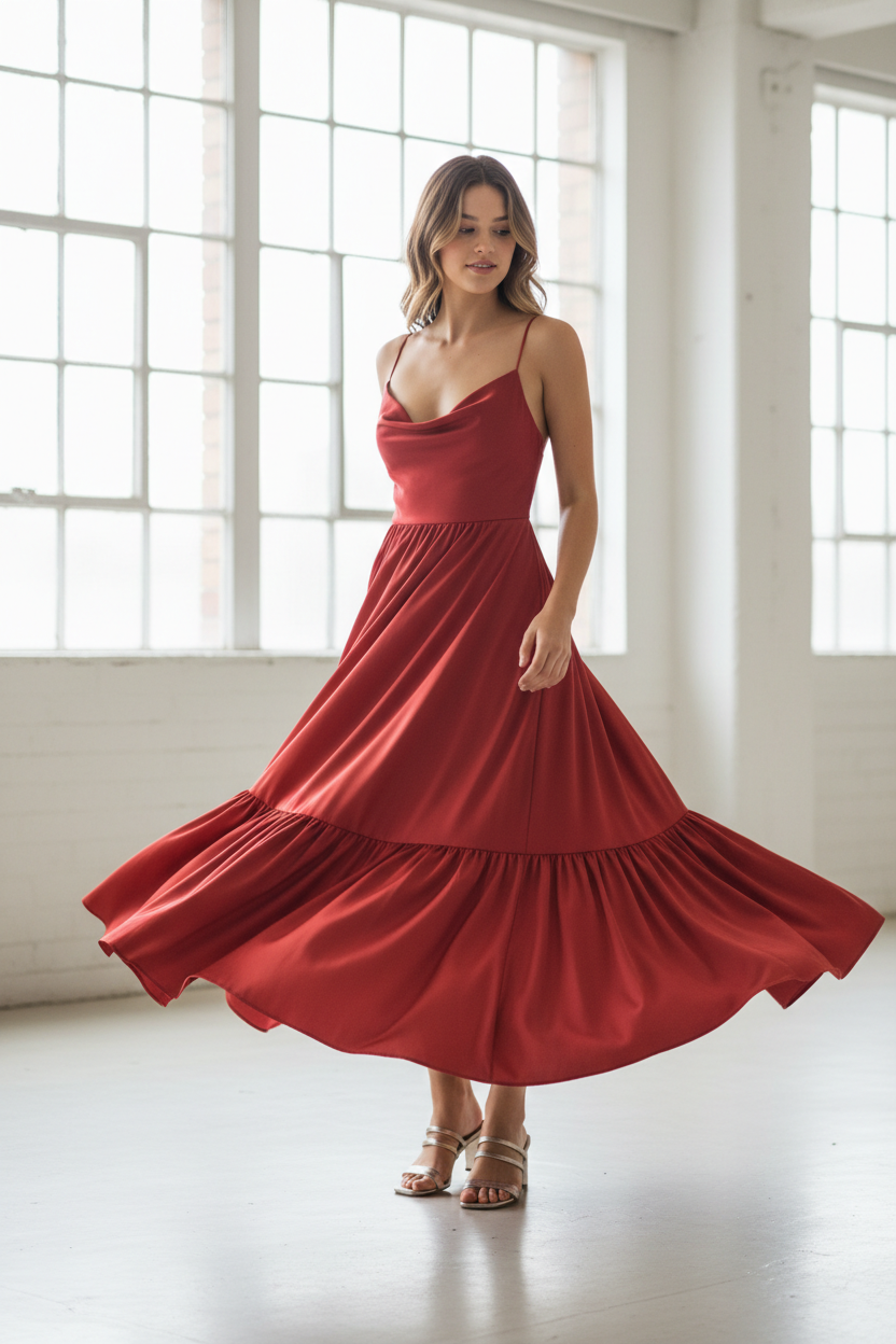 Youthful red satin maxi dress showcasing fabric drape and bounce