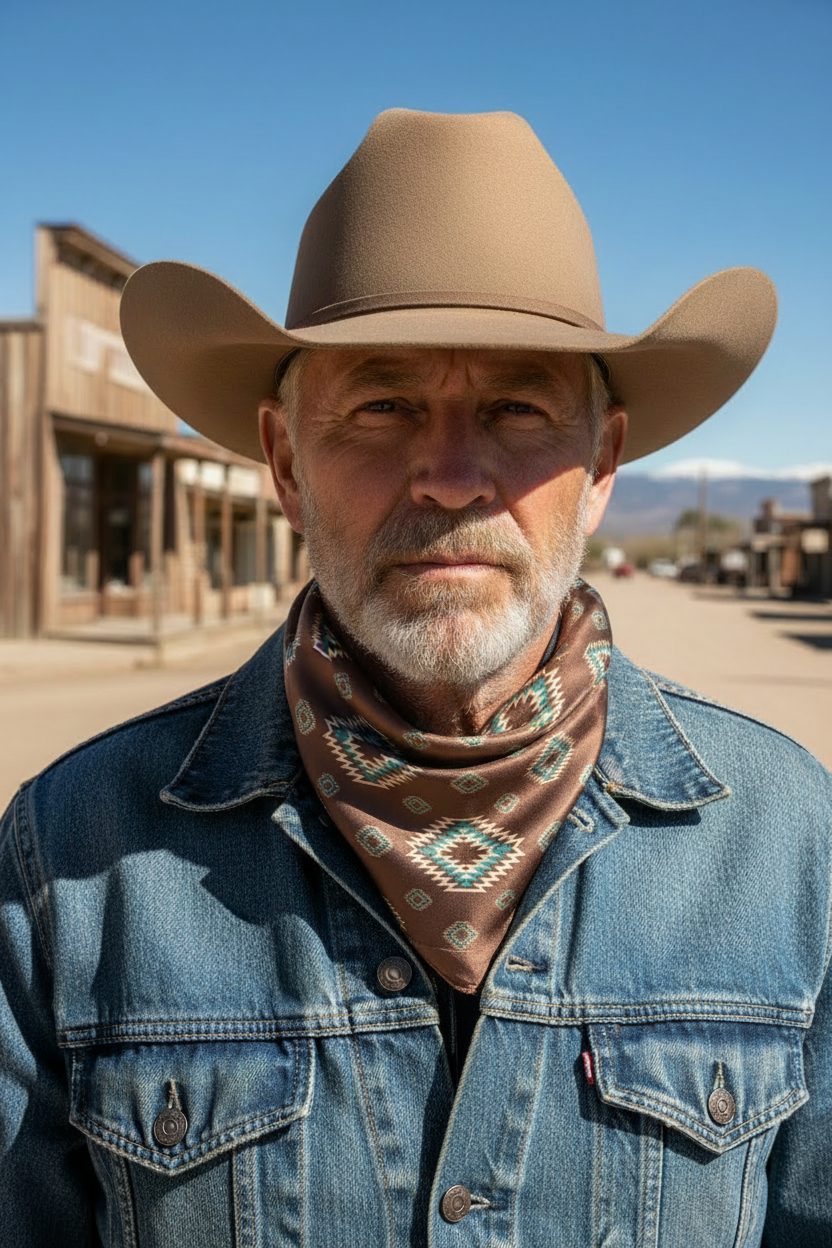 Rugged cowboy wearing hat and brown teal tribal print wild rag scarf snug around neck in small western town setting