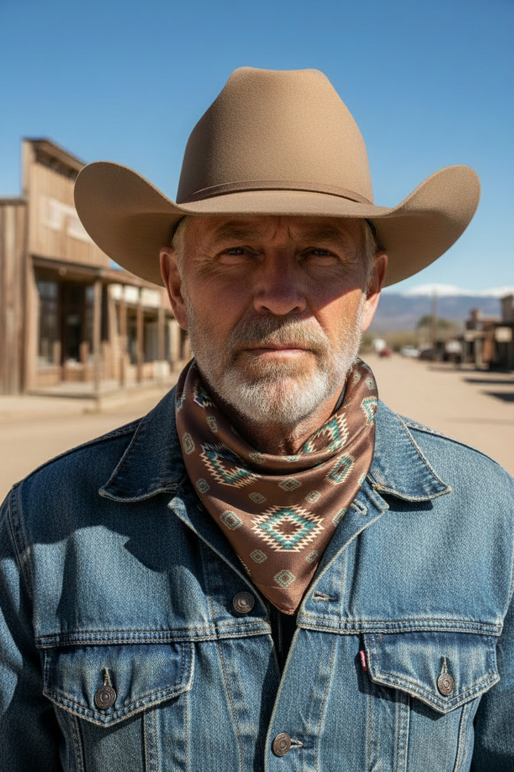 Rugged cowboy wearing hat and brown teal tribal print wild rag scarf snug around neck in small western town setting