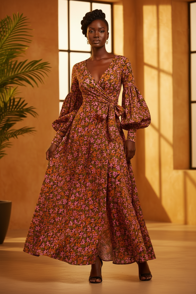 Model wearing a new dress style in faux silk charmeuse satin nature floral print fabric