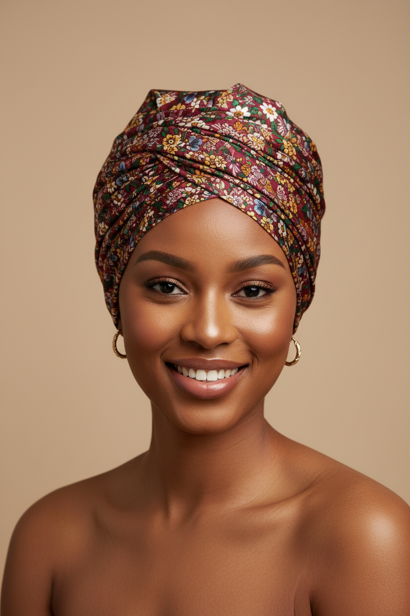 Young African woman wearing an ichafu head wrap made from burgundy small colorful floral charmeuse satin fabric