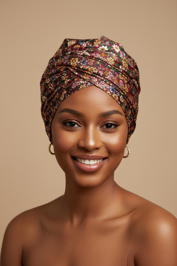 Young African woman wearing an ichafu head wrap made from burgundy small colorful floral charmeuse satin fabric