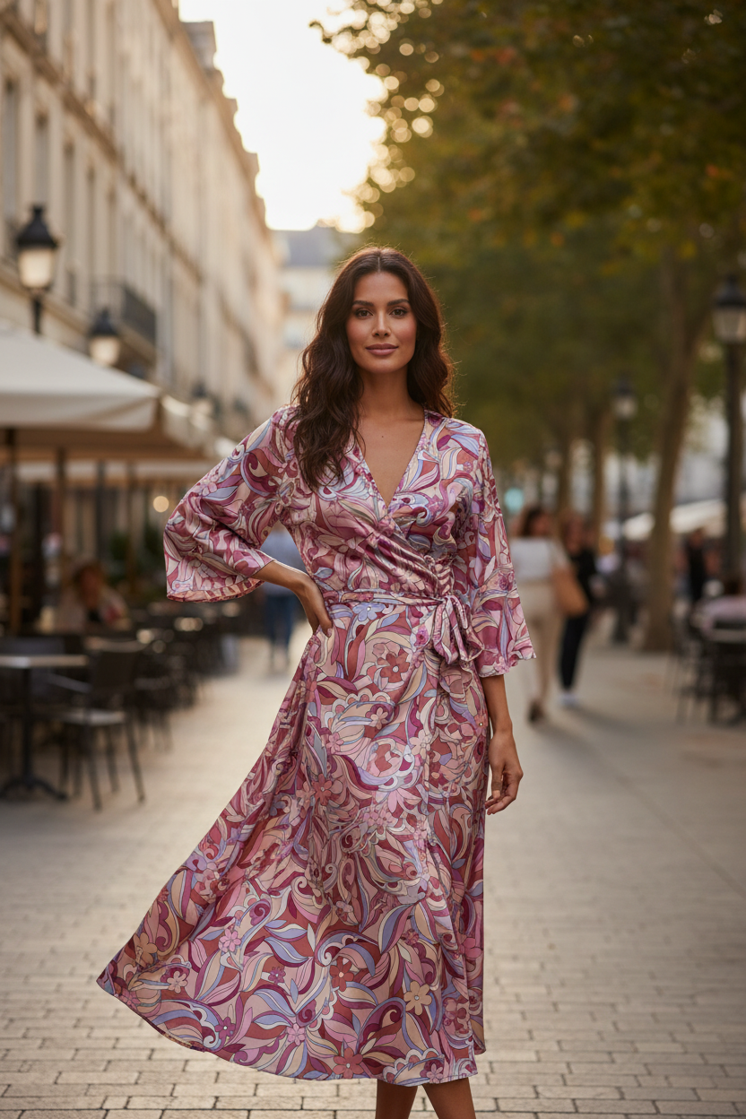 Latin American model wearing a flowy wrap dress in pink burgundy lavender paisley satin charmeuse fabric in an outdoor city setting