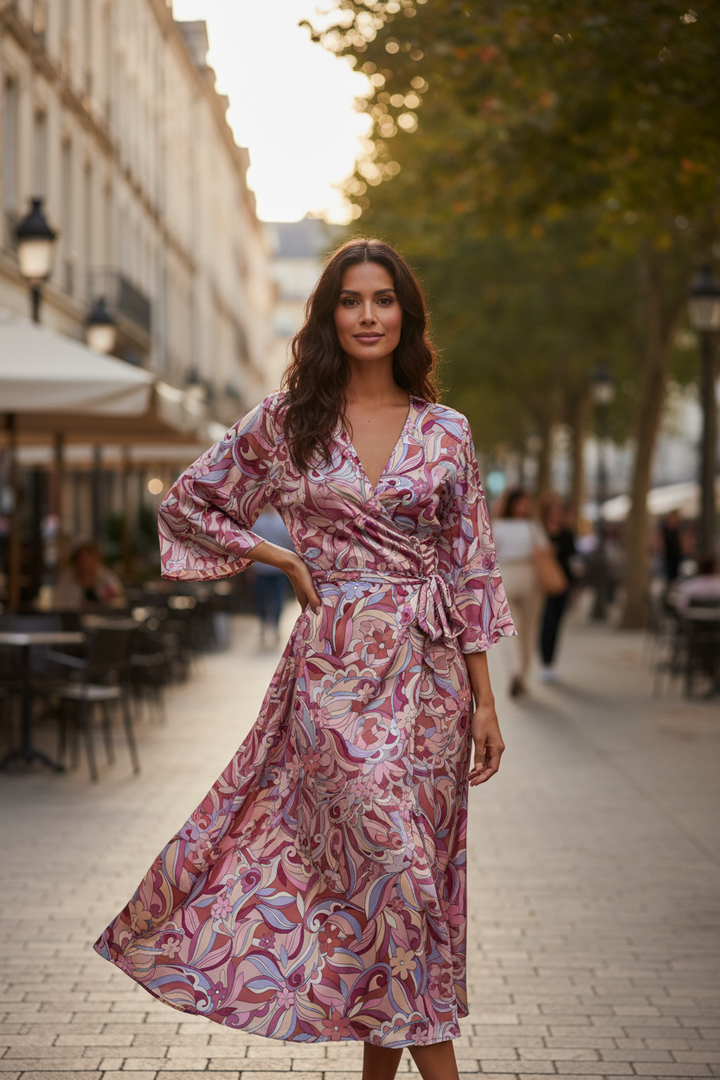 Latin American model wearing a flowy wrap dress in pink burgundy lavender paisley satin charmeuse fabric in an outdoor city setting