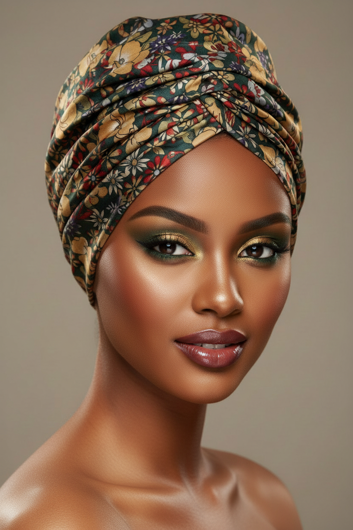 African model wearing a green burgundy colorful floral charmeuse satin head wrap turban