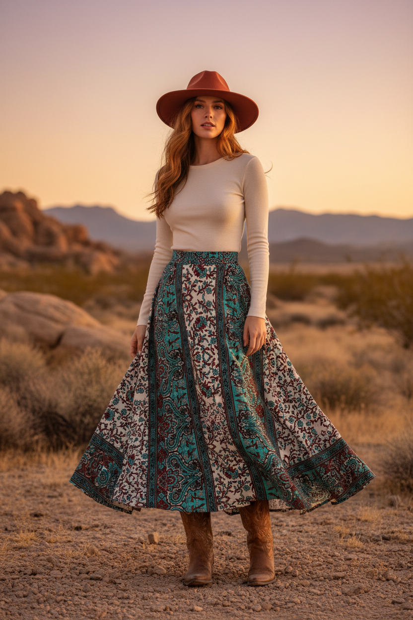 Bohemian western model wearing flowy Red and Teal Paisley Woolpeach maxi skirt