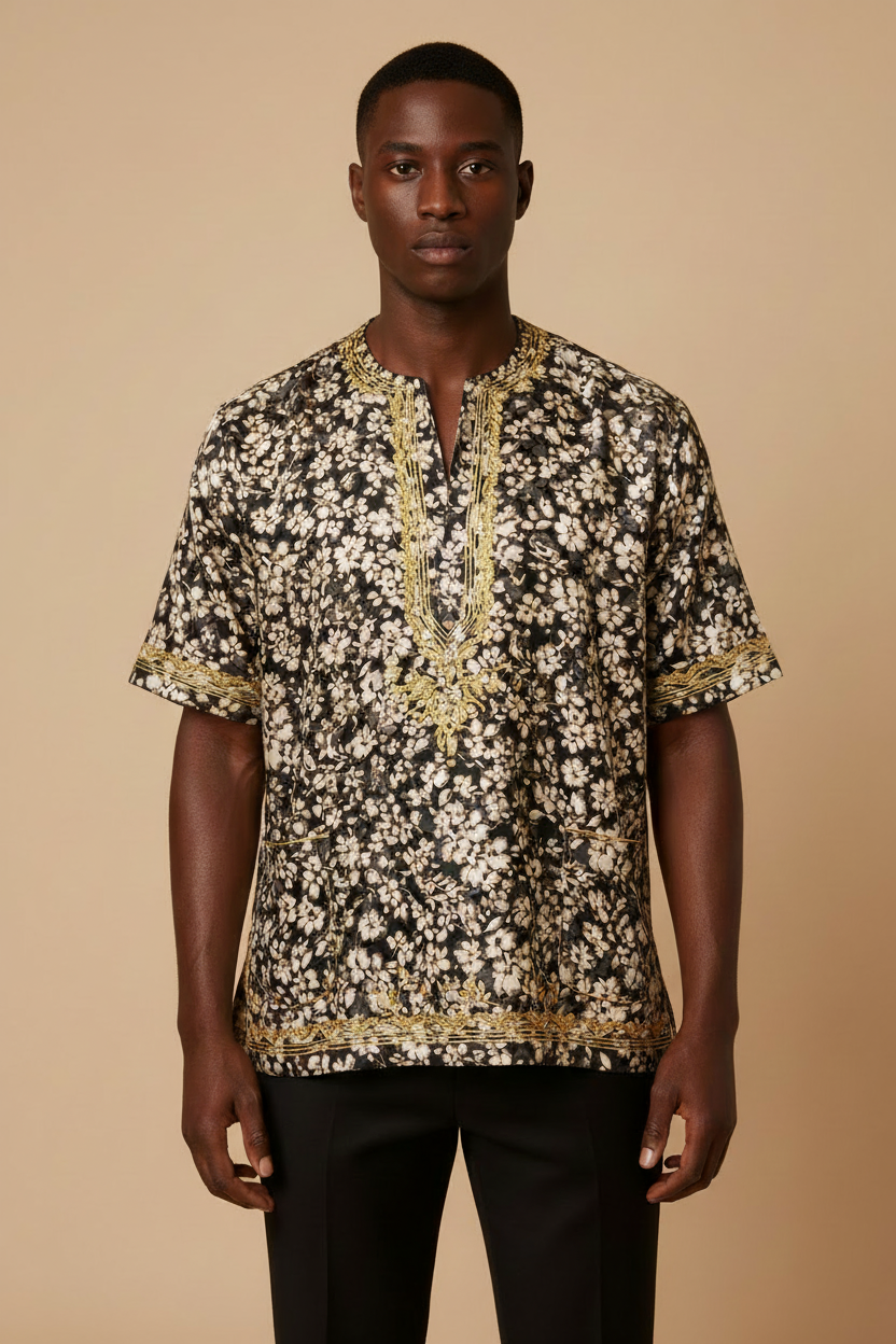 Male model wearing a collarless African Dashiki shirt with gold trim in small floral charmeuse satin