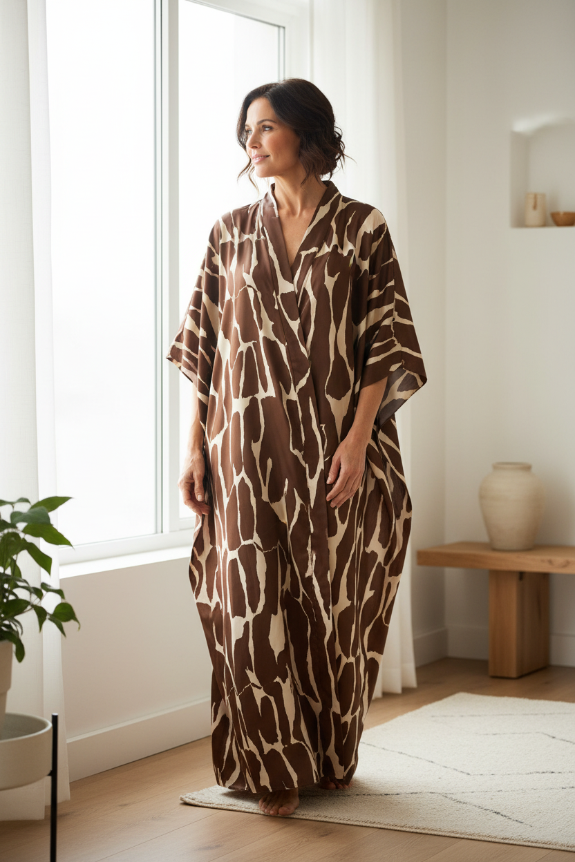 Middle-aged woman wearing a casual robe kaftan in brown and off-white abstract print silky satin charmeuse