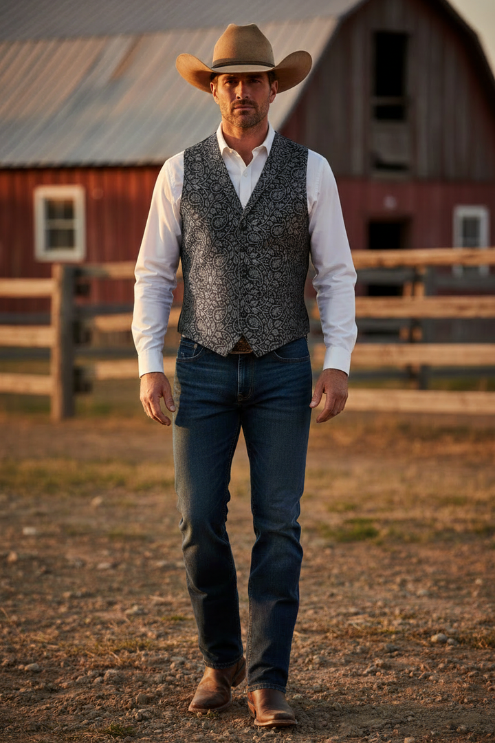 Male model wearing a tailored western vest made from black and white paisley print silky satin charmeuse fabric