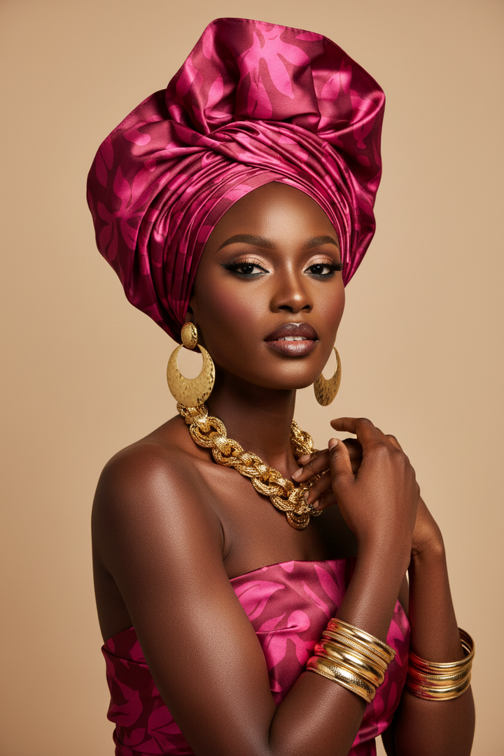 African model wearing a regal leaves two-toned print faux silk charmeuse satin gele head wrap with gold jewelry