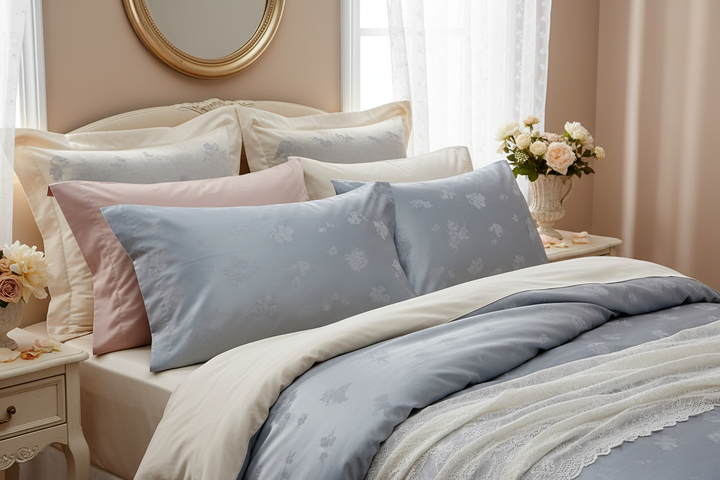 Luxury pillowcases styled on a soft opulent feminine bedroom