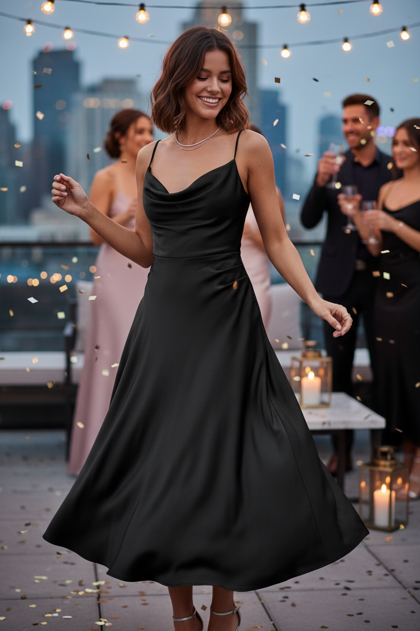 Youthful black satin party dress showcasing fabric drape and bounce