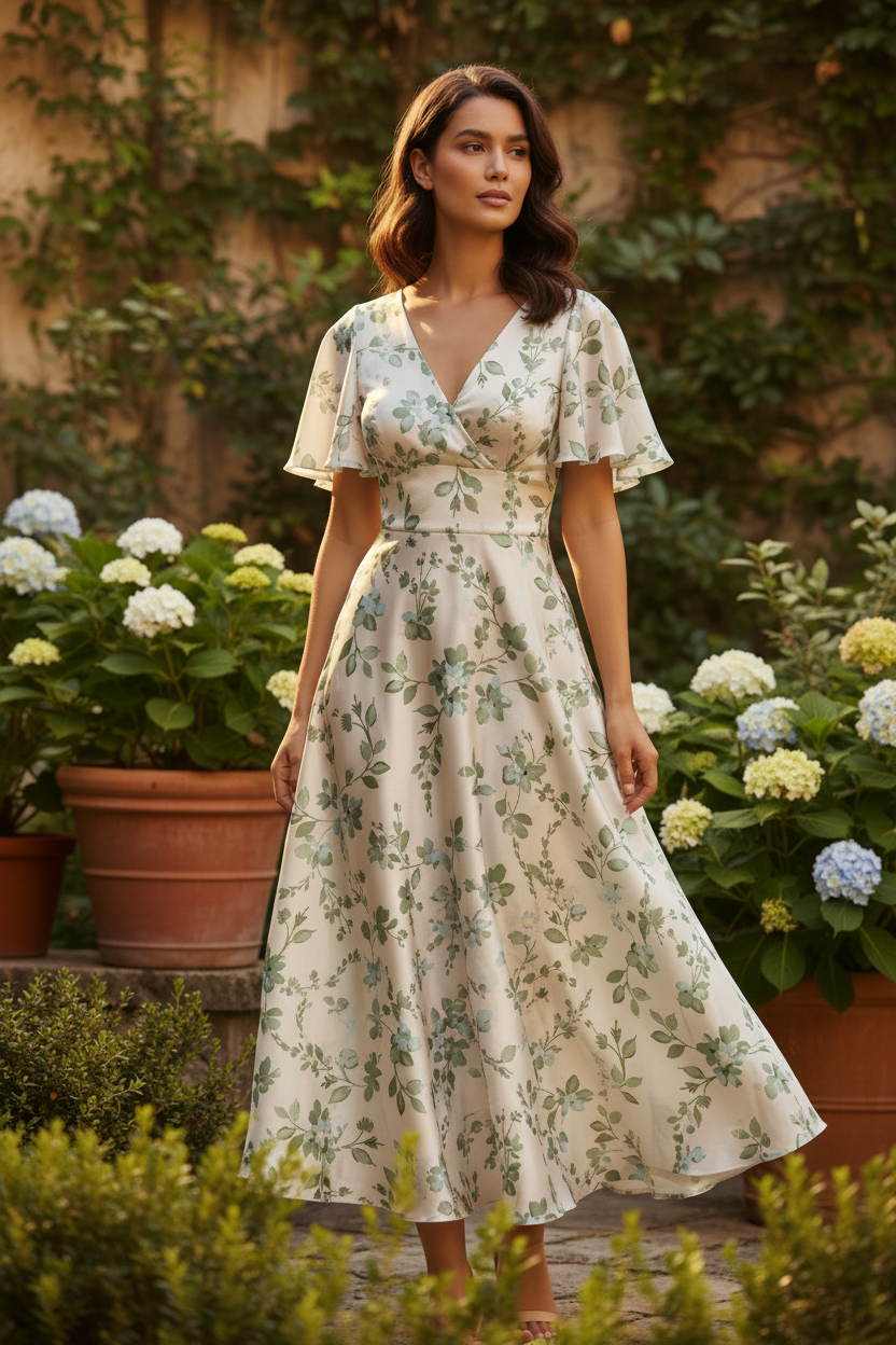 Latin American model wearing a summer midi dress in green floral satin dobby fabric, outdoor garden setting