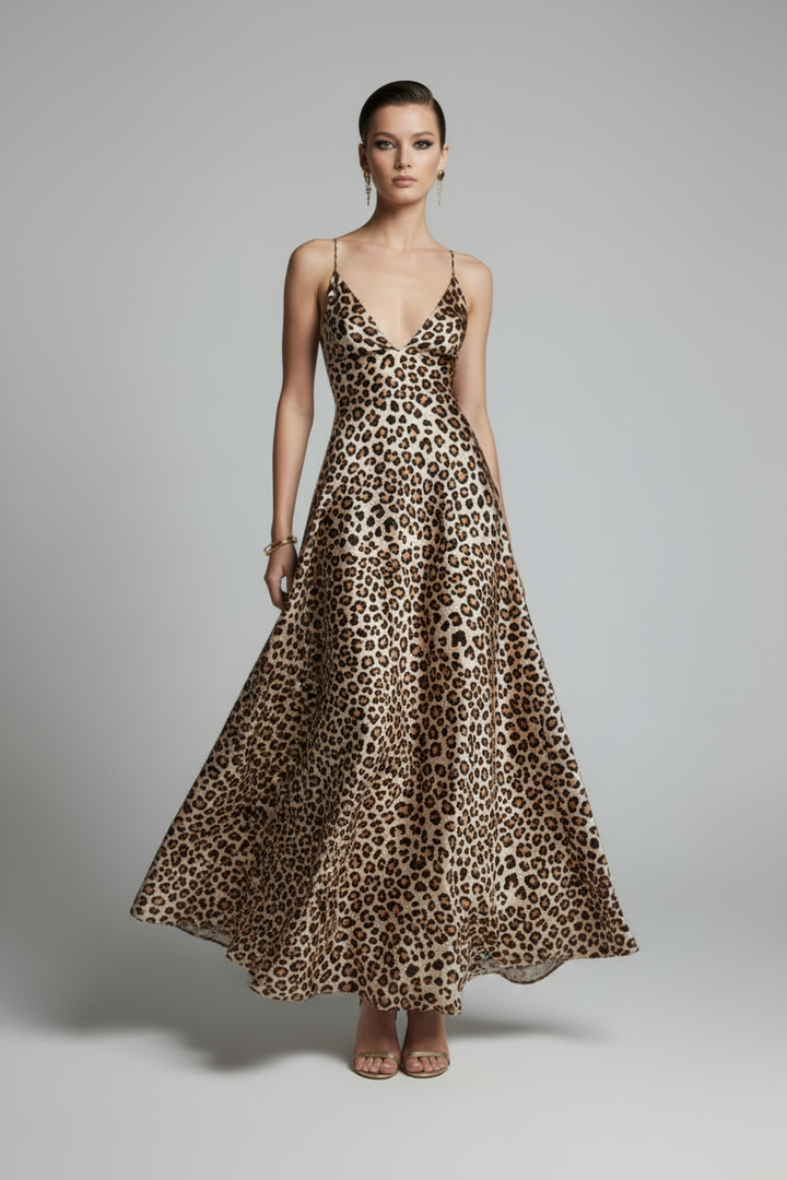 High fashion model wearing flowy leopard print satin charmeuse dress
