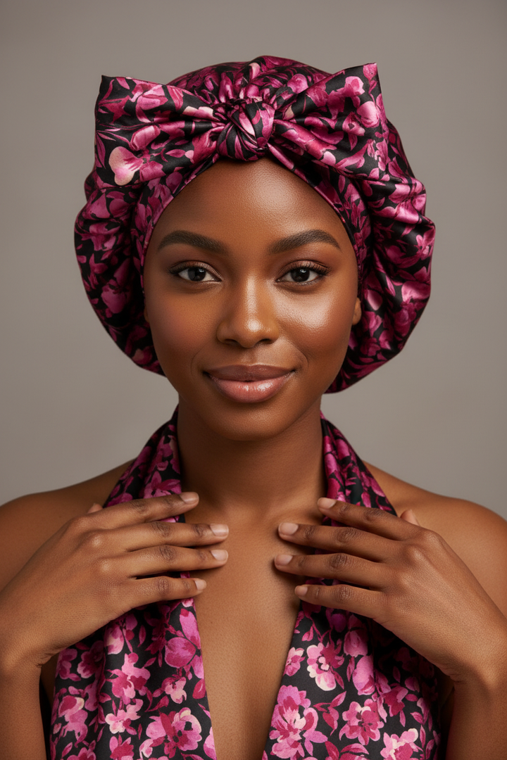 Young African American woman wearing a hair bonnet made from black and magenta floral satin fabric