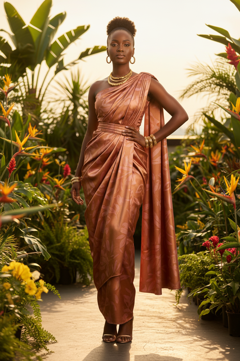 African model wearing a Rwandan Mushanana dress in leaves two-toned print faux silk charmeuse satin in a botanical garden outdoor setting