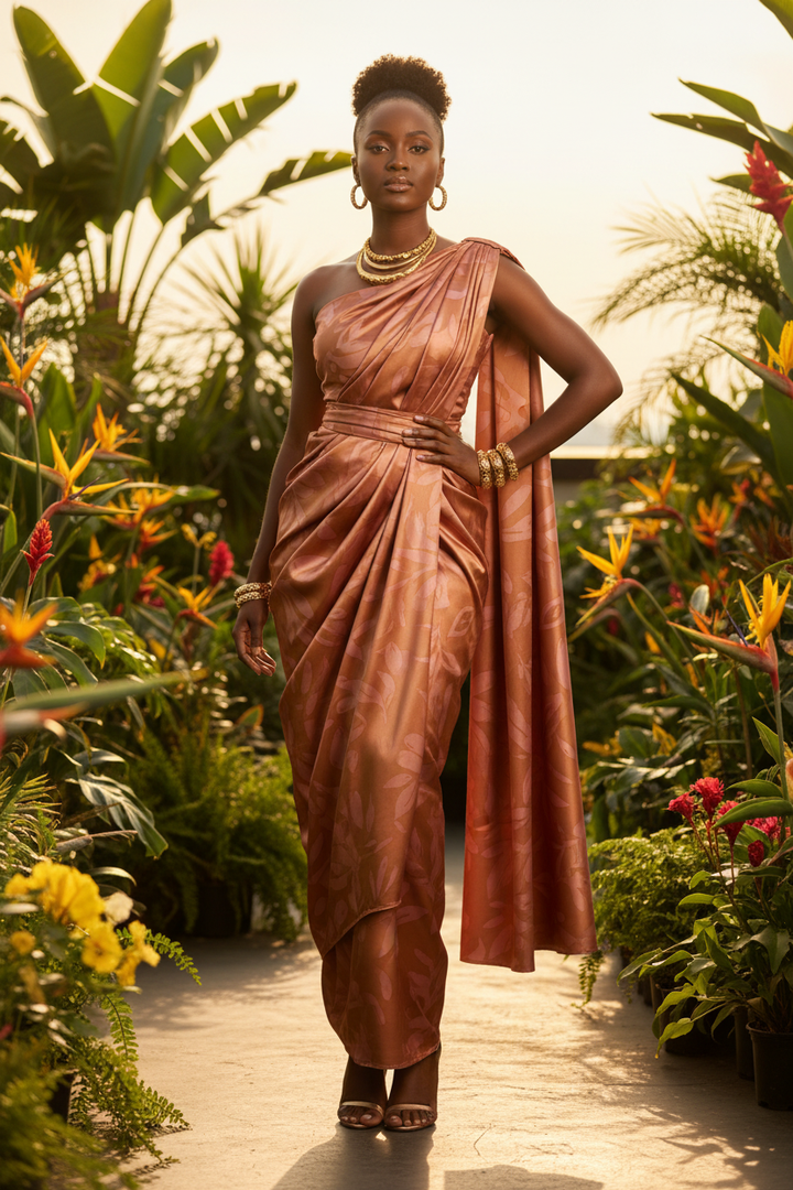 African model wearing a Rwandan Mushanana dress in leaves two-toned print faux silk charmeuse satin in a botanical garden outdoor setting