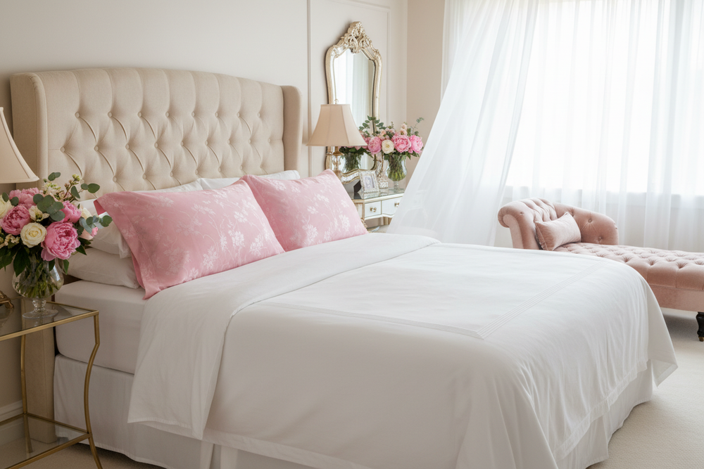 Very feminine bedroom with upholstered headboard, flowers, and patterned pillowcases