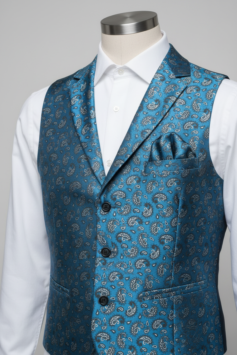 Men's vest and pocket square in blue dainty paisley silky satin charmeuse fabric