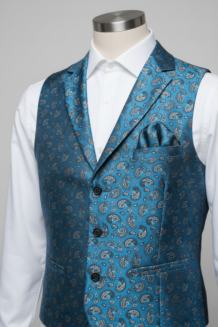 Men's vest and pocket square in blue dainty paisley silky satin charmeuse fabric