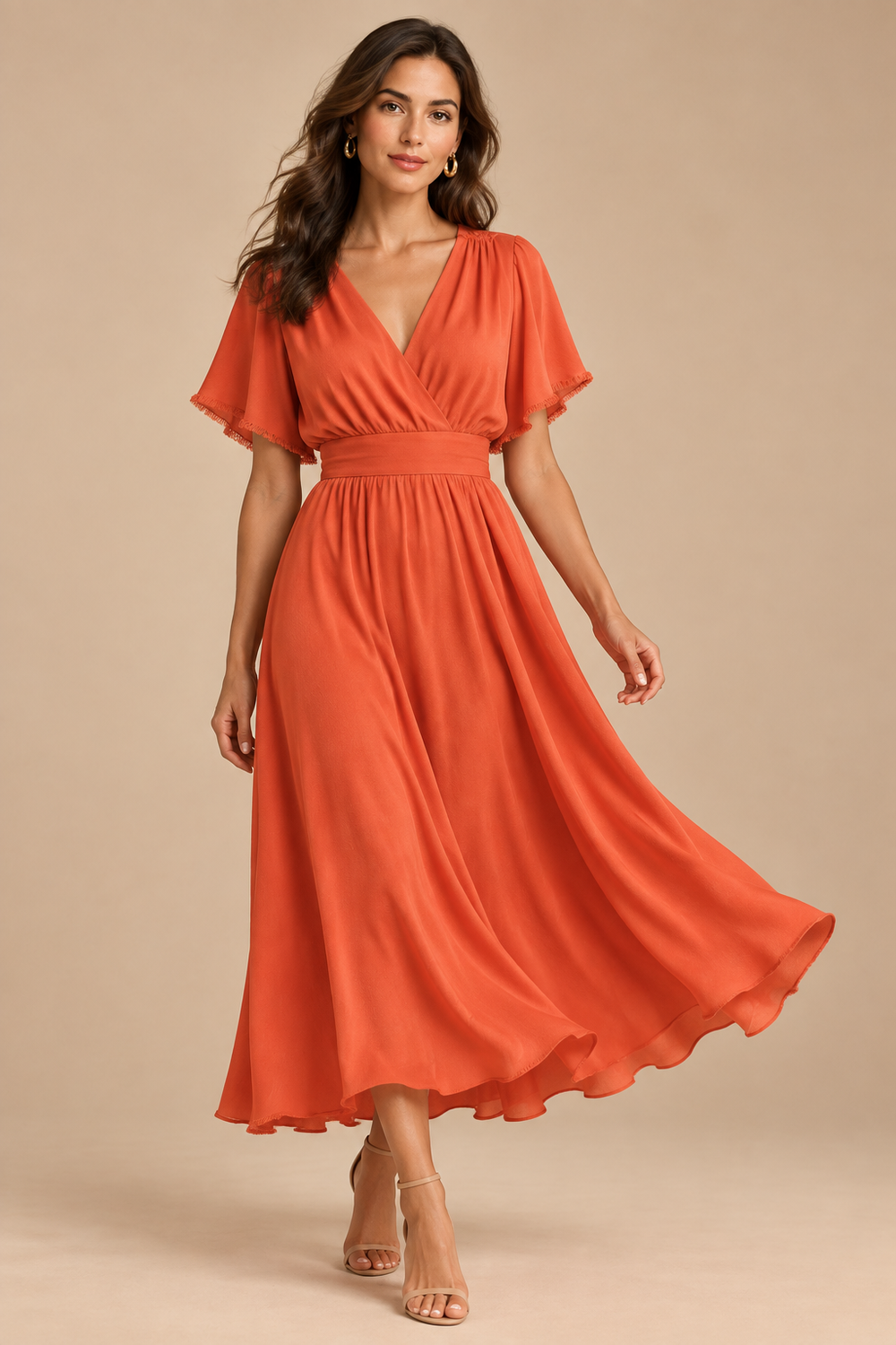 Model wearing a flowing Fiesta silk crepe de chine dress in a studio