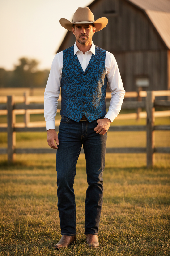 Male model wearing a tailored western vest made from black and blue paisley print silky satin charmeuse fabric