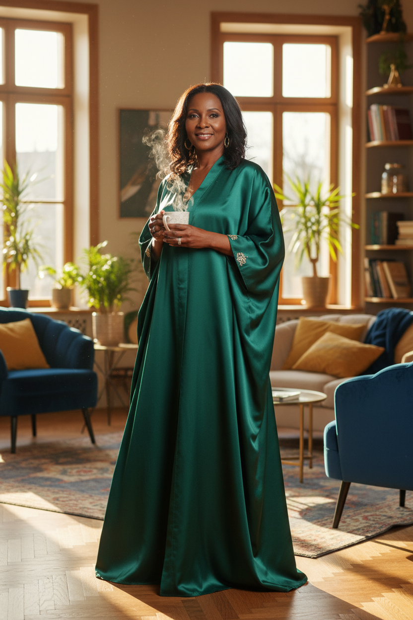 Middle-aged African American woman wearing a dark jade satin kaftan robe in a lifestyle home setting