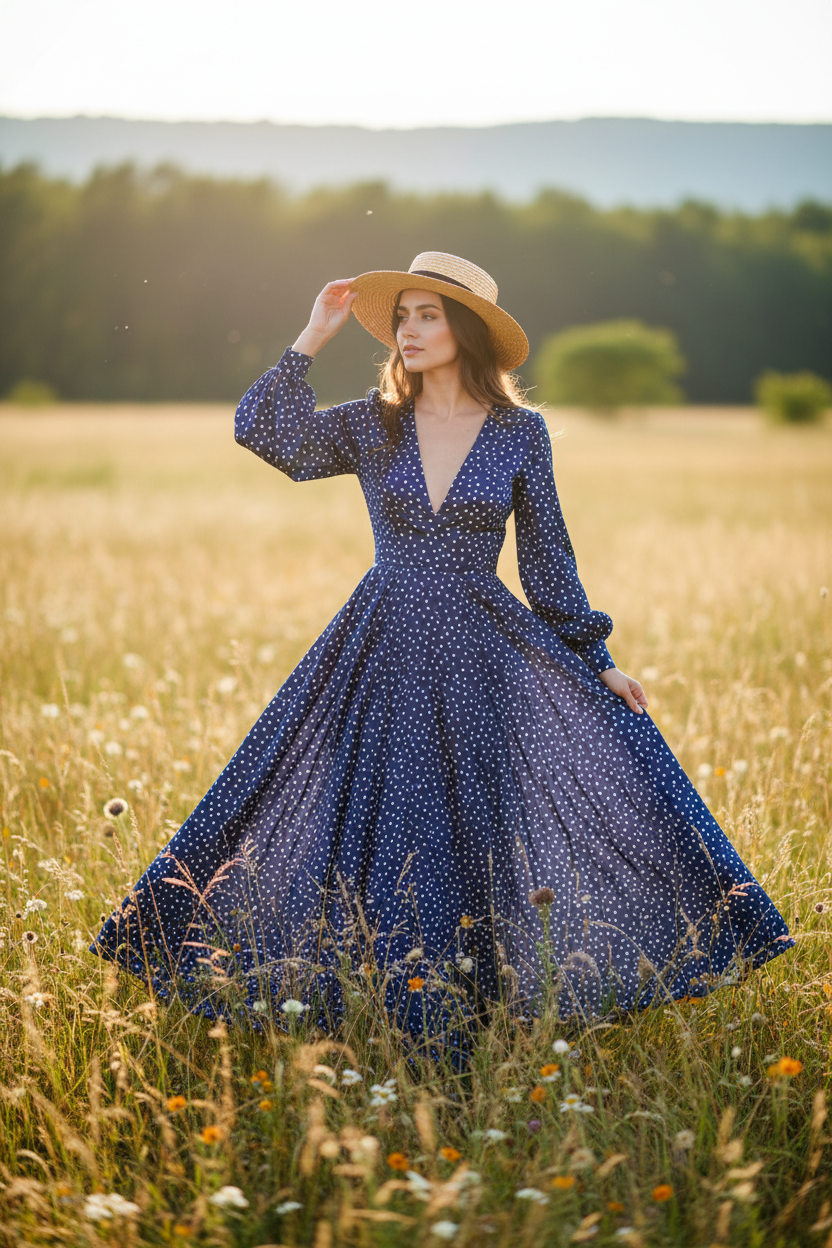 Flowy Dress Outdoors - Denim Blue Polka Dot