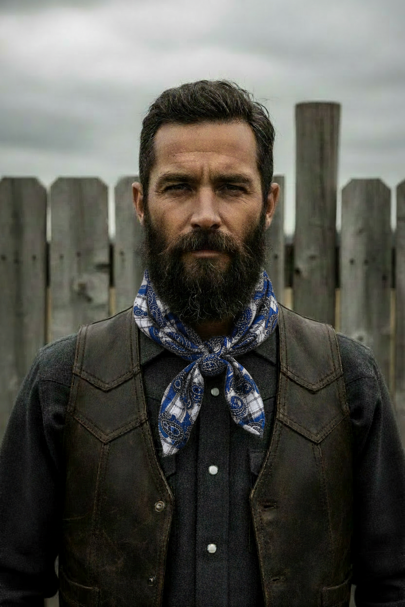 Male cowboy wearing wild rag in black and blue paisley plaid charmeuse satin tied in square knot, outdoor western setting