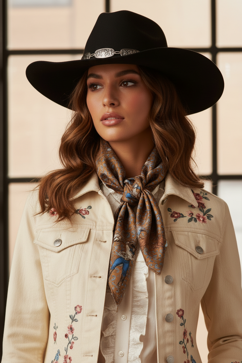 City cowgirl close-up wearing Ropin' Paisley wild rag scarf