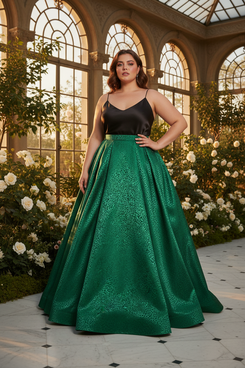 Fancy full floor-length ball skirt in emerald green small cheetah jacquard satin on a plus size model