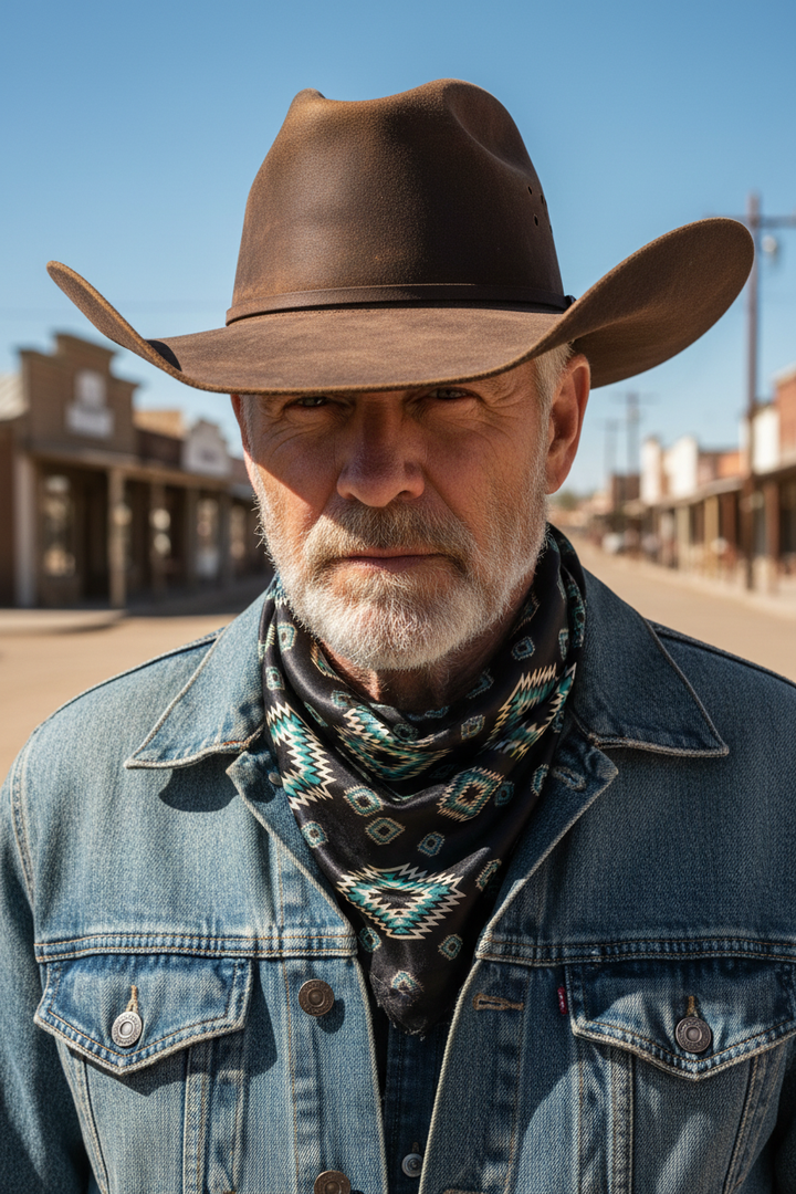 Rugged cowboy wearing hat and wild rag scarf in black teal tribal print tucked into denim jacket in small western town setting