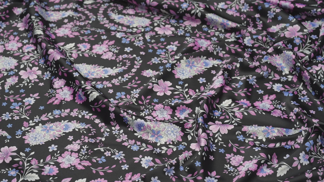 Faux silk charmeuse satin fabric by the yard - Black purple floral paisley print