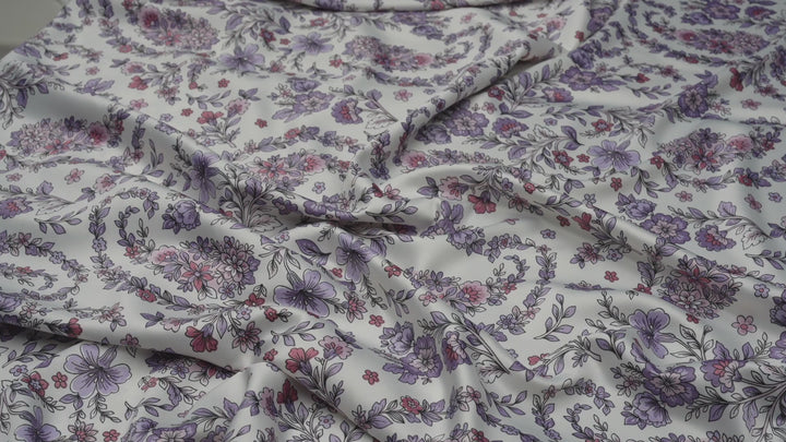 Faux silk charmeuse satin fabric by the yard - Off white  purple floral paisley print