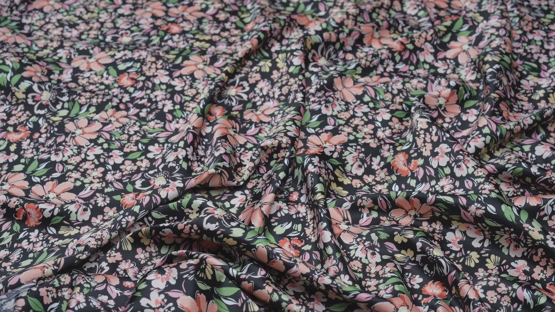 Faux silk charmeuse satin fabric by the yard - Black orange ivory   floral  print